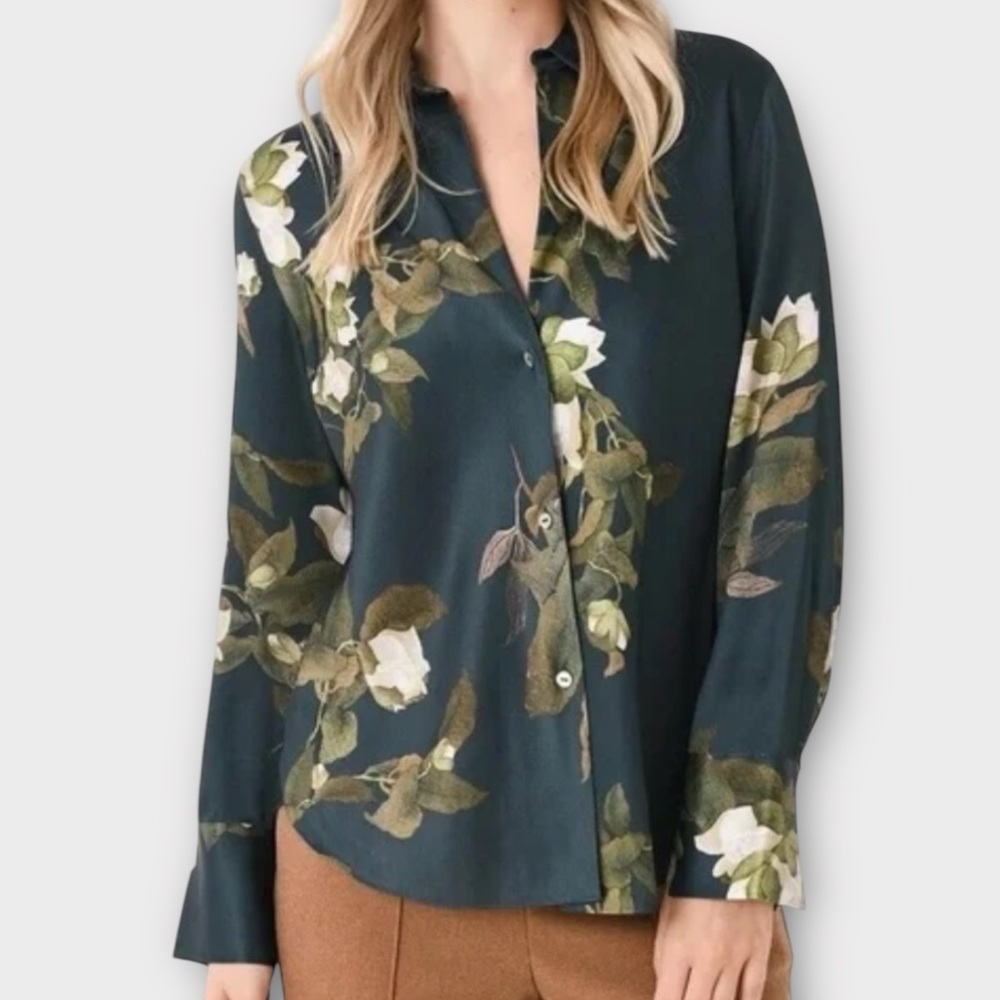 Vince Womens Camellia Blouse 100% Silk Small Floral Button Down Quiet Luxury NWT - Picture 2 of 14